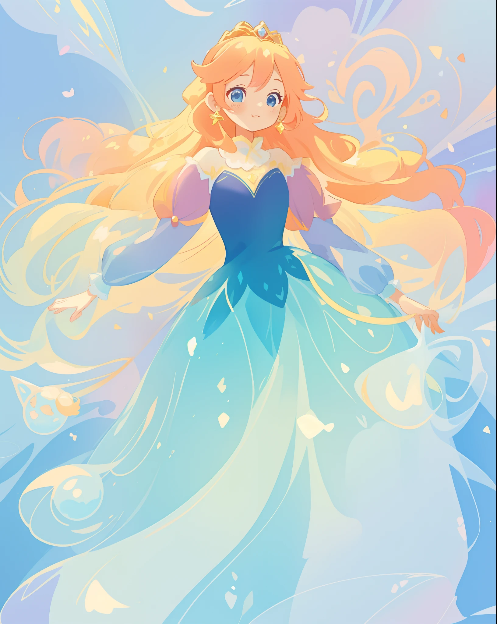 beautiful girl in gradient blue princess ballgown with puffy long sleeves, long flowing gold peach hair, liquid theme, colorful fantasia background, watercolor illustration, disney art style, beautiful digital illustration, beautiful, masterpiece, best quality, anime disney style, beautiful face