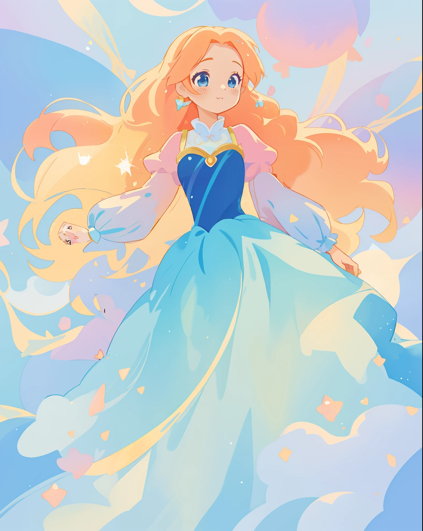 beautiful girl in gradient blue princess ballgown with puffy long sleeves, long flowing gold peach hair, liquid theme, colorful fantasia background, watercolor illustration, disney art style, beautiful digital illustration, beautiful, masterpiece, best quality, anime disney style, beautiful face