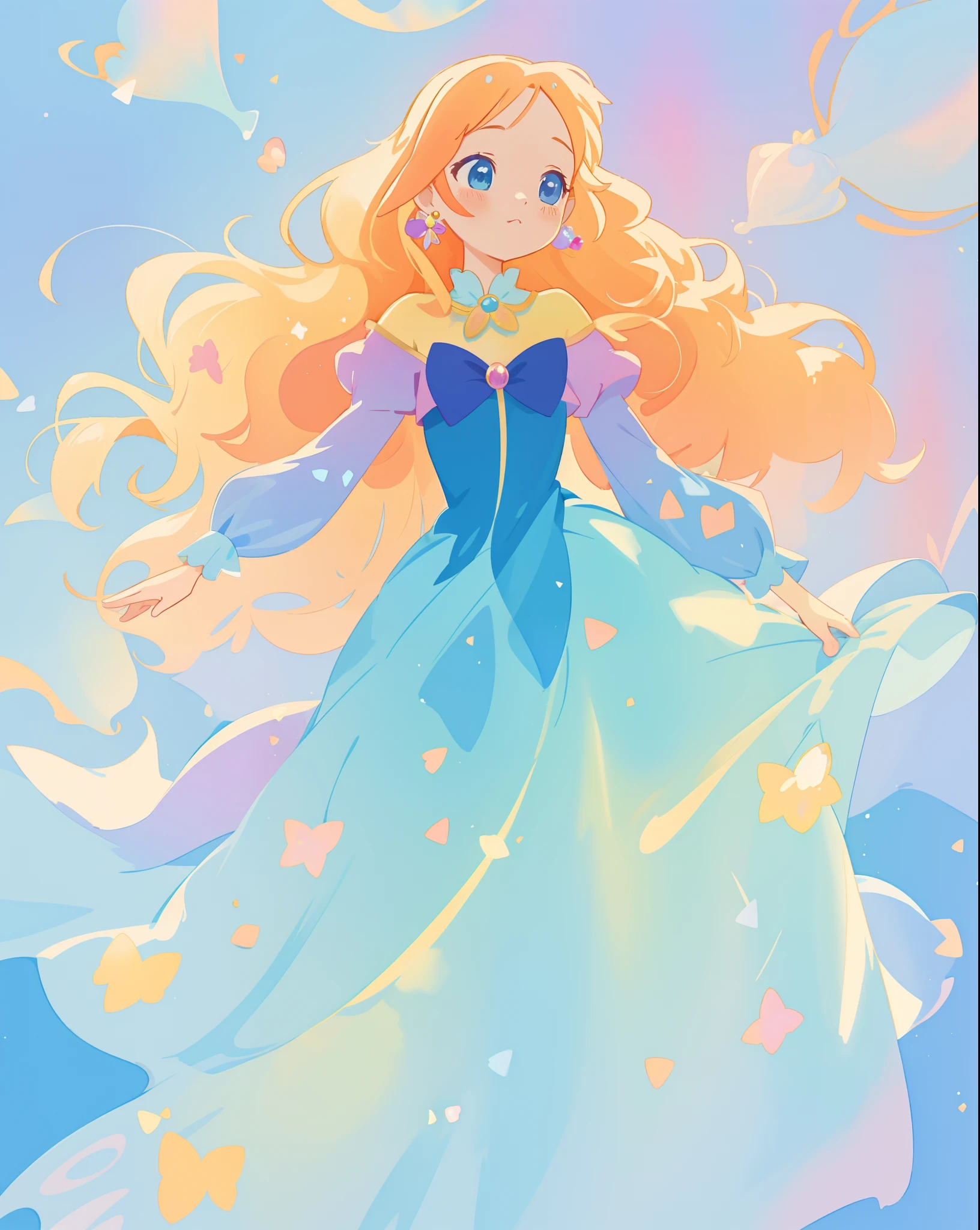 beautiful girl in gradient blue princess ballgown with puffy long sleeves, long flowing gold peach hair, liquid theme, colorful fantasia background, watercolor illustration, disney art style, beautiful digital illustration, beautiful, masterpiece, best quality, anime disney style, beautiful face