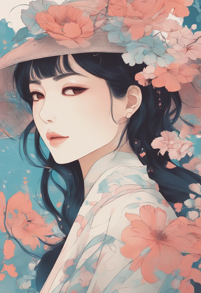 Close-up of a woman in a hat and dress, Digital illustration style, Digital Illustration Portrait, Trends in Artstration, in the art style of bowater, detailed portrait of anime girl, digital anime illustration, Painted in the style of Artgerm, Portrait of Martin Ansin, Detailed pictorial portrait, Digital Illustration -, artgerm. High Detail Mech Flower