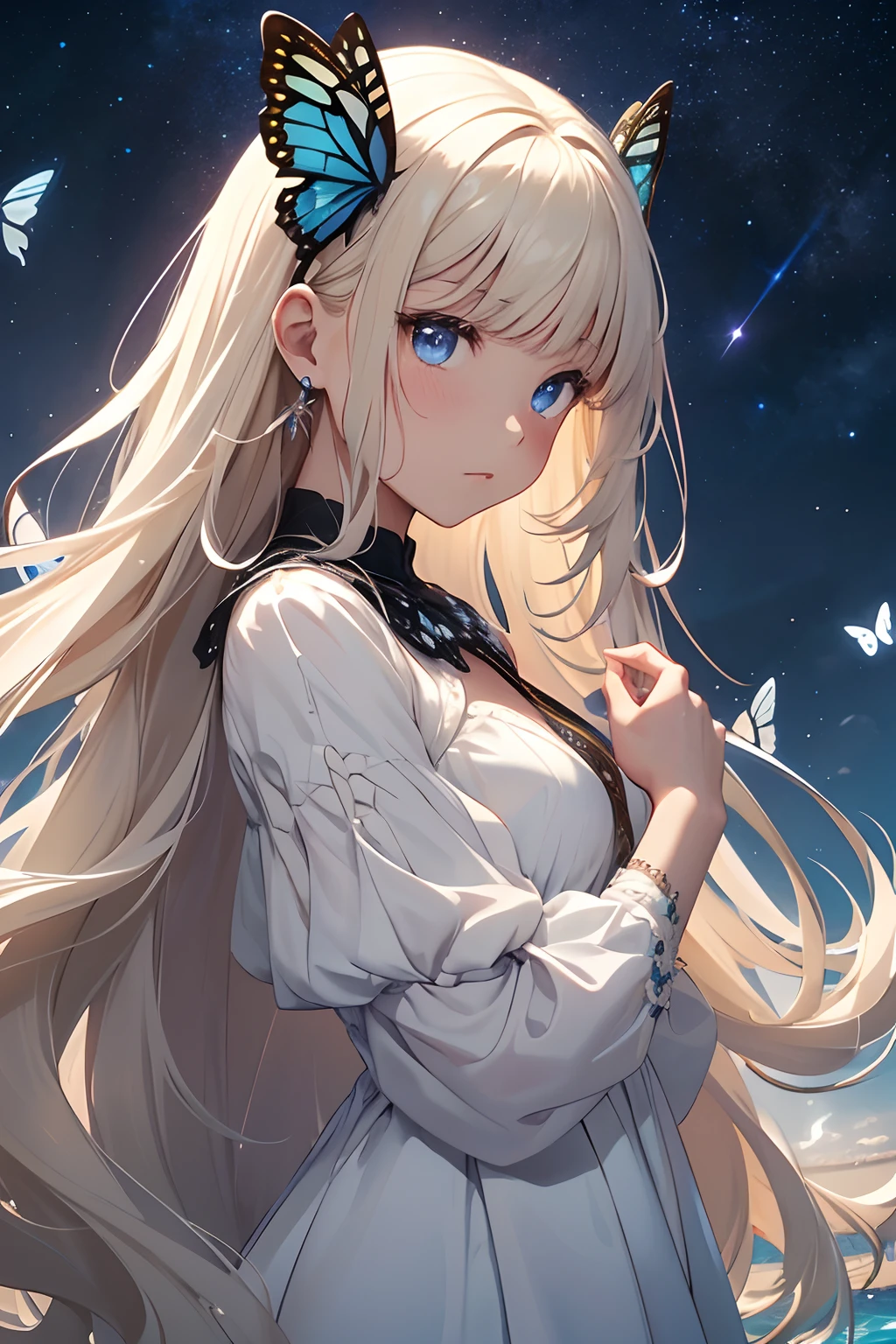 ​masterpiece、Background with（（Fantastic starry sky、kosmos、black hole））、heavy wind、I'm holding my hair back、Butterflies in a white mini dress with a slit々Embroidery、Blonde Long、Butterflies with hair in a bun々Pin in、Rear view、Beautiful girl in the distance、butterflys々emits light blue light
