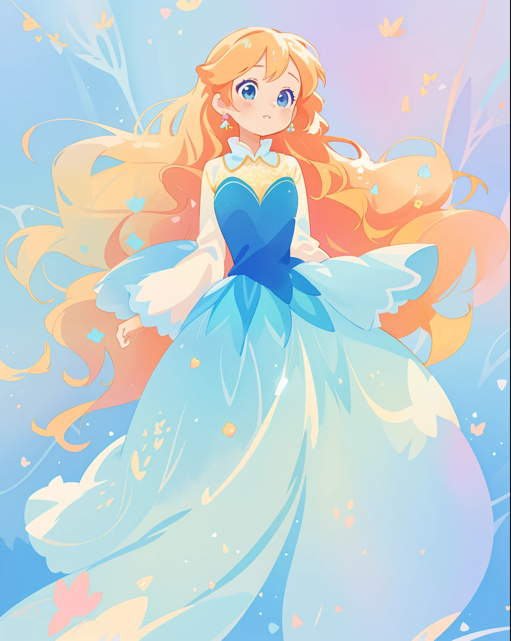 beautiful girl in gradient blue princess ballgown with puffy long sleeves, long flowing gold peach hair, liquid theme, colorful fantasia background, watercolor illustration, disney art style, beautiful digital illustration, beautiful, masterpiece, best quality, anime disney style, beautiful face