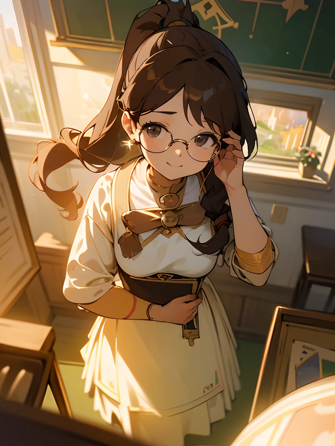 (Masterpiece:1.3, Best quality),(Amazing detail),(illustration), ((Anatomically correct)),Brown long hair,High ponytail,Delicate hair,a matural female,black-frame glasses,Light smile,adjusting eyewear,angle of view,Anime,Depth of field,Classroom Background,Sunset,Soft light,From above,Lens flare(impressionism:1.4), (tarot:1.3)