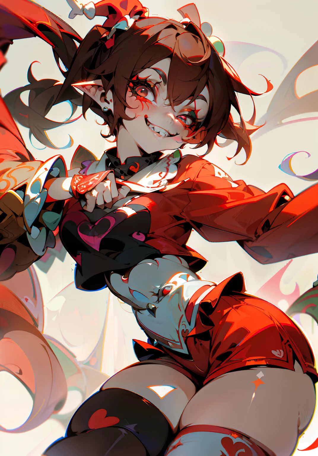 1GIRL, insane clown girl, laughing hesterically, sharp big smiling teeth, bomb, finely detailed, (best quality), (intricate details), cute style, loli, jester style, multicolored, circus background with red curtains, place on fire hell, ((long brown hair in pigtails)), best quality, ((long sleeve shirt and shorts)), ((red and white clothes)), ((jester style clothes)), ((thigh high socks)), ((round eyes)), ((has jester makeup)), beautiful face, happy, cute face, pinup, perfect face, simple background portrait