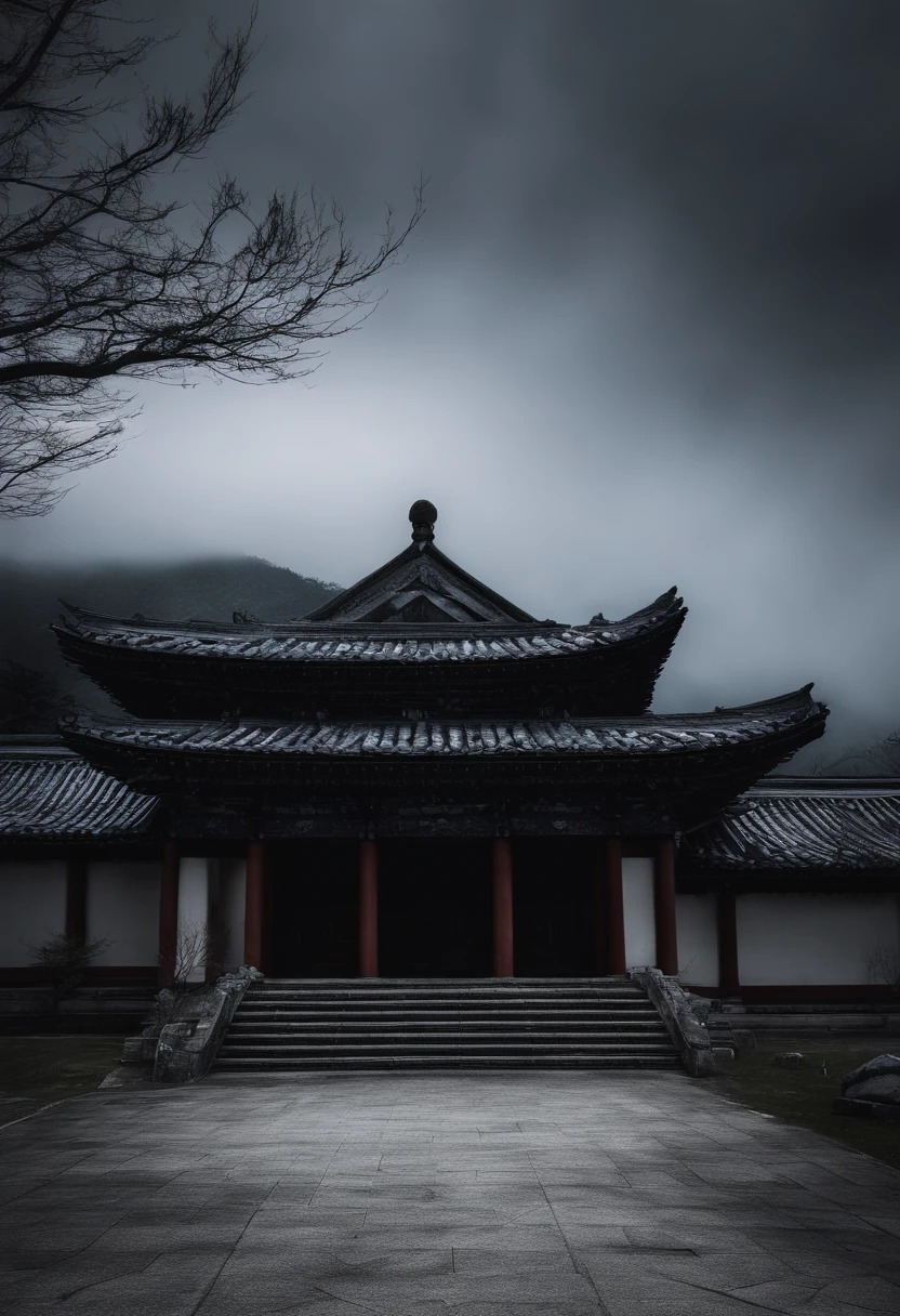 dark stormy clouds，Covered with snow，Rizhao Jinshan，The top of the mountain looks down on all living beings，ancient buildings of China，Temple，Maple Grove，Shakyamuni imagined，High detail，lightand shade contrast，hyper HD，tmasterpiece，winning artwork，Best quality at best，A high resolution，16k