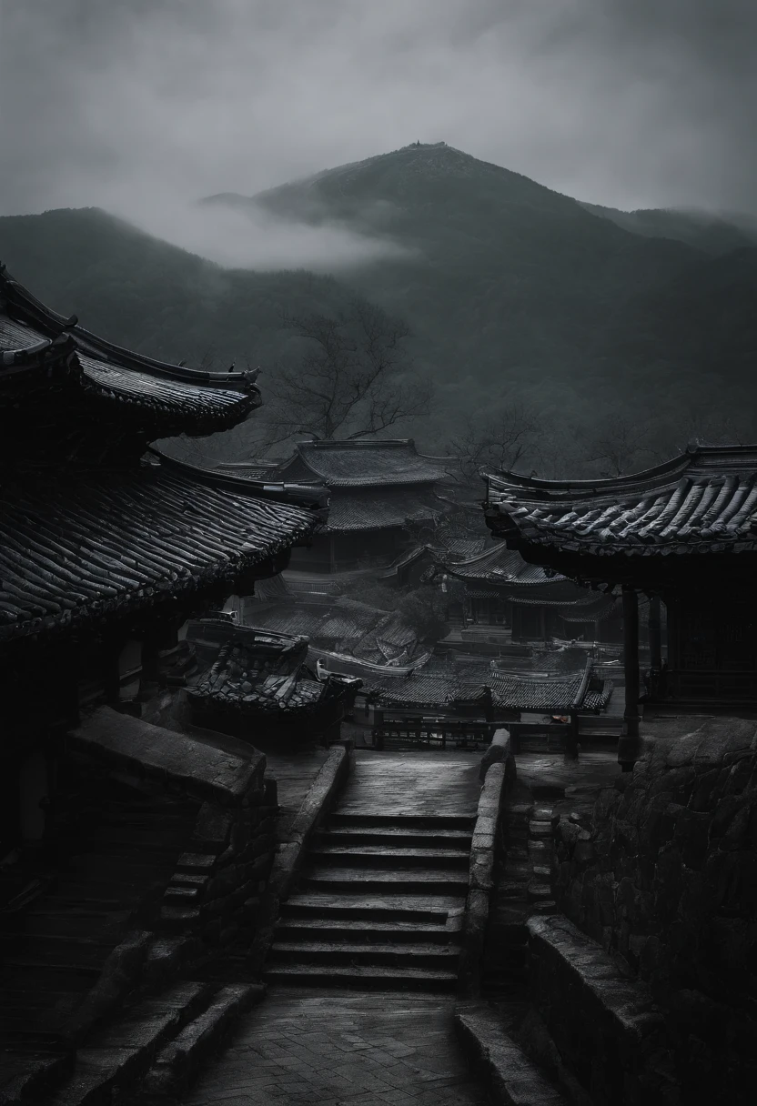 Grey sky,Clouds that have just snowed lightly,Grey Clouds,There is a rough road in the landscape,It leads directly to the mountains from the bottom up,At the top of the mountain, there is a small Taoist temple in ruins(See away),looming,The mountain is surrounded by blurry trees,On the tree is Lima.,8K Fantastic Matte Real Hanok Joseon in Korea