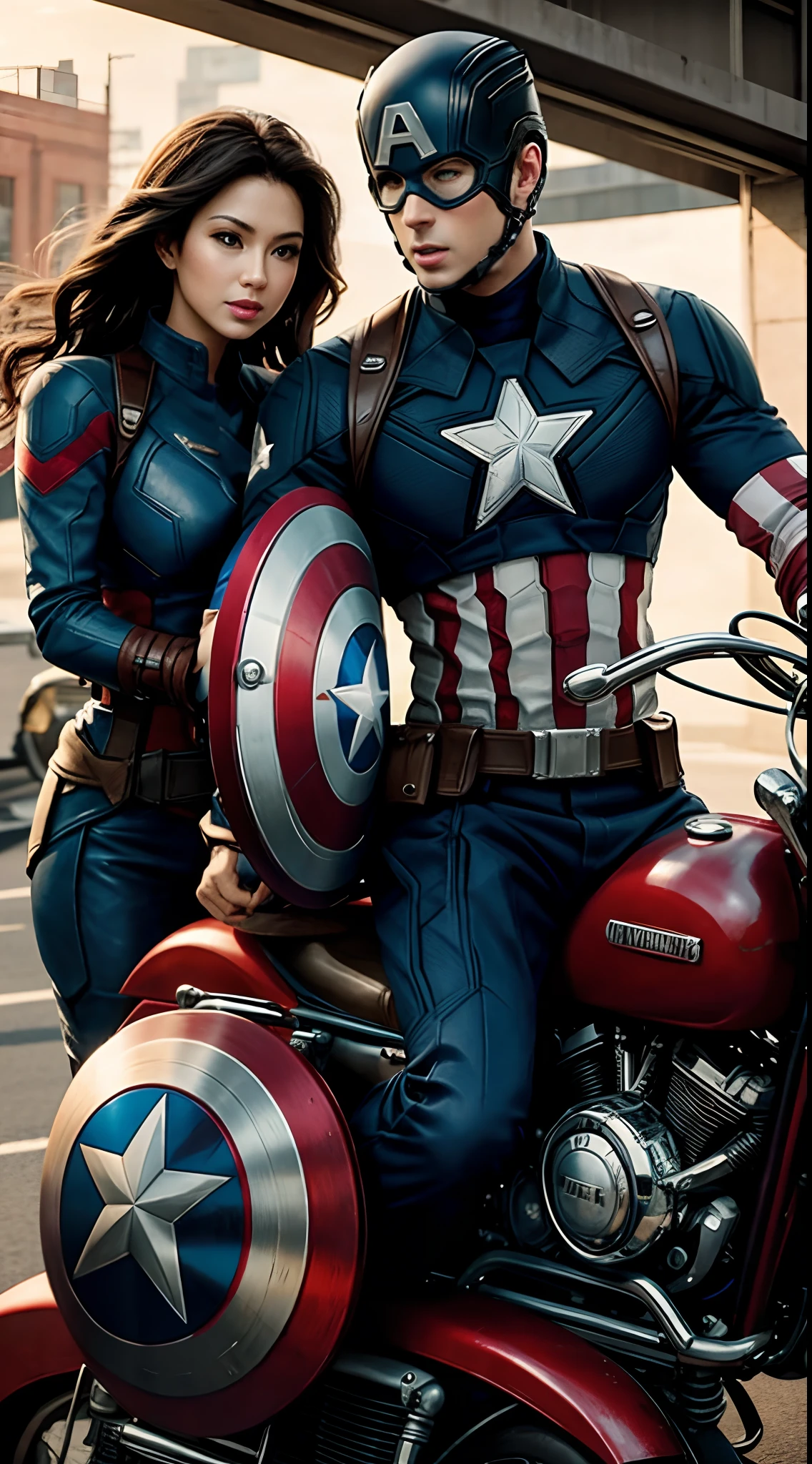 Captain america riding motorbike with wife