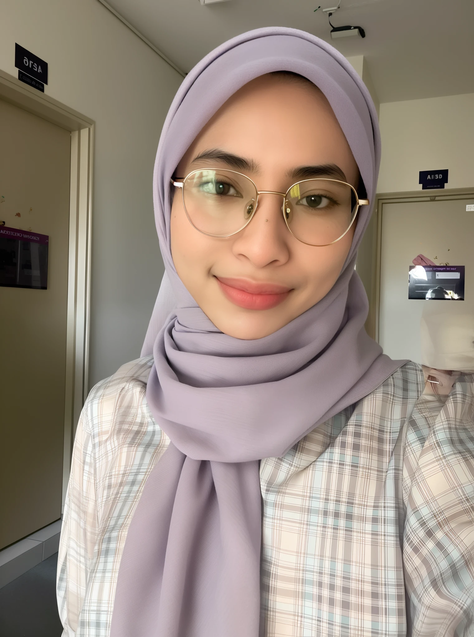 arafed woman wearing glasses and a scarf in a hallway, with accurate face, with glasses, semi realism, faridah malik, spectacled, with square glasses, student, 🤤 girl portrait, wearing small round glasses, cute slightly nerdy smile, with kind face, 8k selfie photograph, !!wearing modern glasses!!, inspired by Fathi Hassan, !!wearing glasses!!
