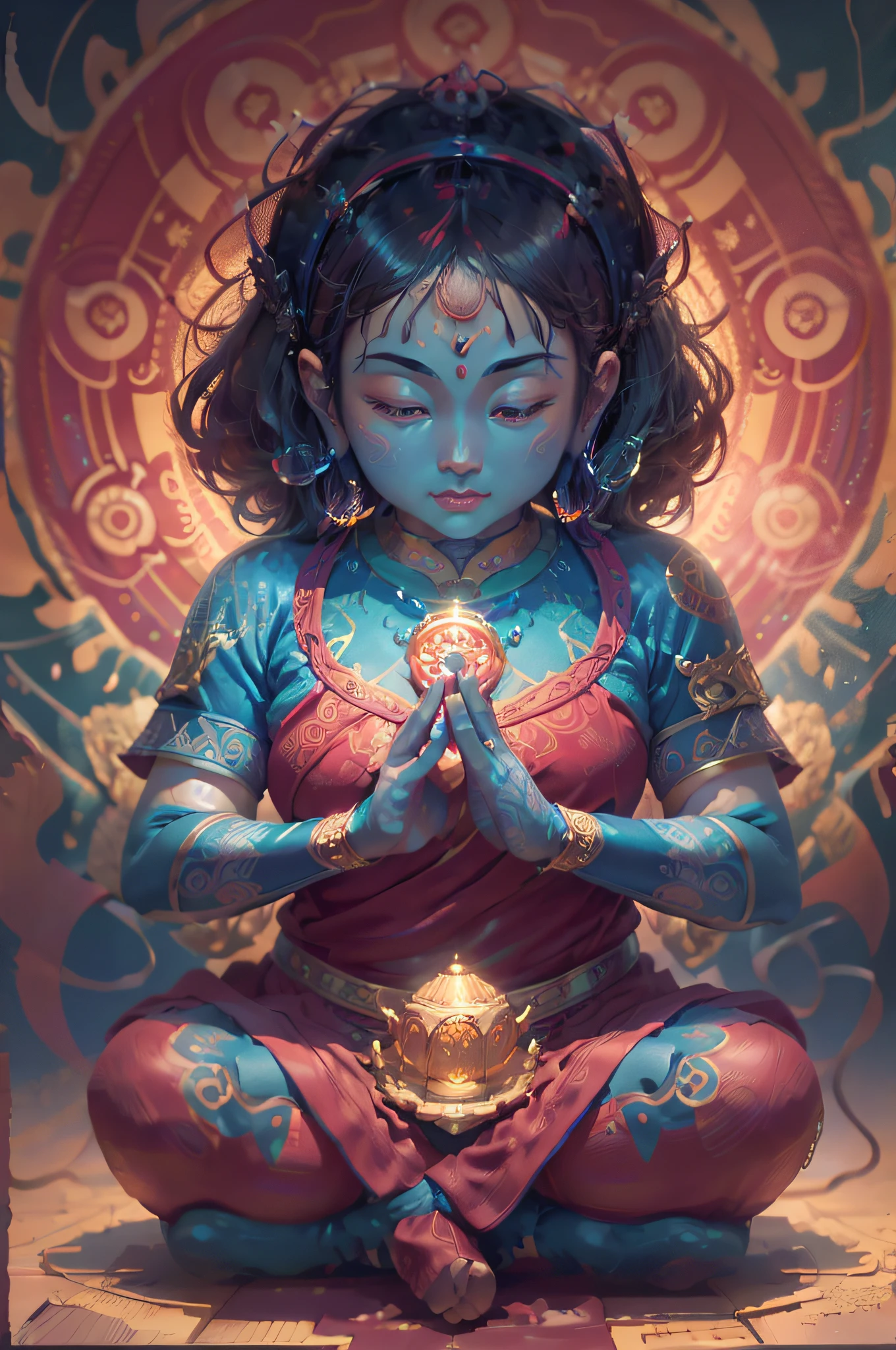 Buddha sitting meditating on a meditation + dark yellow paper with intricate and vivid blue line work :: Tarot cards :: Hell background, Mandel valve fractal + filled with red layers + symmetrical portrait + trending in Artstation + amazing Mayan illustrations + exquisite details, ultra soft pastels, technicolor, cinematic lighting, reflections, HDR, 8k resolution, Cinematic film stills, smooth and sharp focus, realistic strobe rays, ((blurred background)): 1.7, (depth of field)): 1.8, cinestir 800t 35mm, high quality, heavy grain, high detail, cinematic composition, dramatic light, anamorphic, ultra-wide angle lens, hyperrealistic, void bodhisattva,