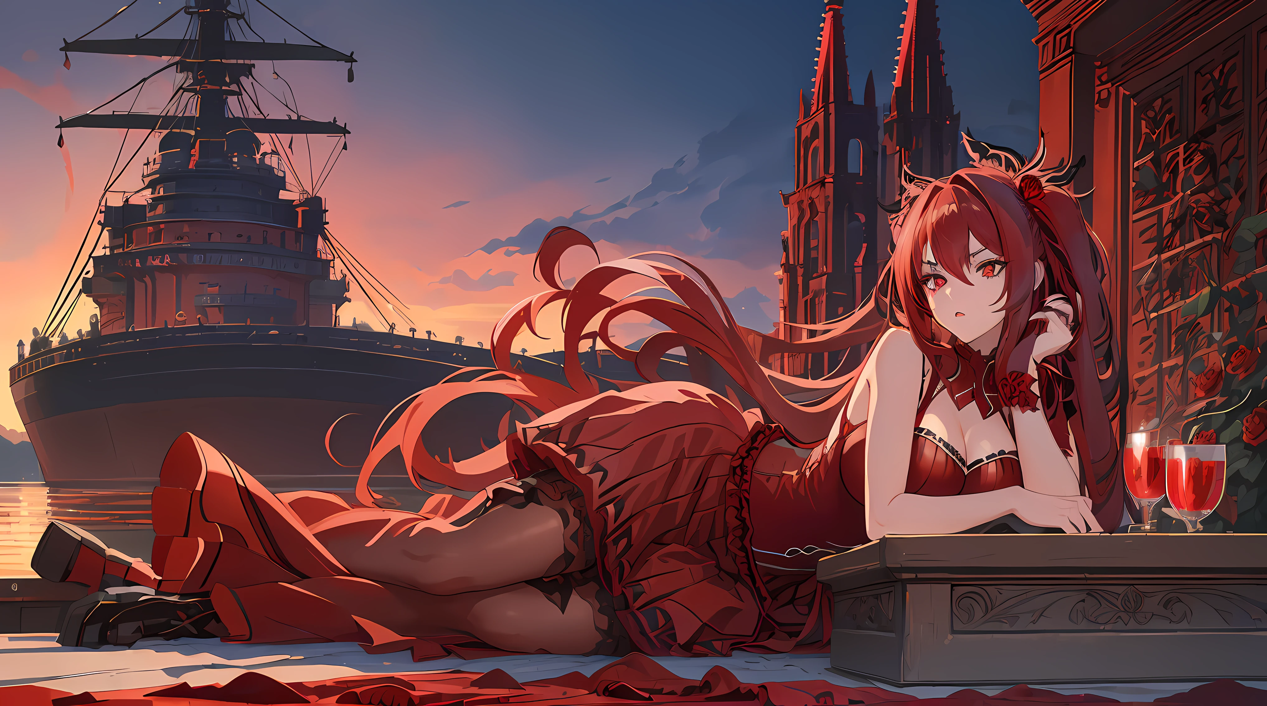 (beautiful detailed eyes), (scarlet eyes:1.7), (scarlet hair:1.7) , (LONG HAIR), glowing eyes, seductive eyes , beautiful detailed eyes, (best quality, masterpiece, illustration, designer, lighting), (extremely detailed CG 8k wallpaper unit), (detailed and expressive eyes), detailed particles, beautiful lighting, (( a girl,big breasts)),wearing a teddy bear tiara, donning a beautiful black and red dress with ruffles and lace, sheer black stockings, transparent aquamarine crystal shoes, chest bows, flowers ornament, ,background(butterflies, Rose, sunset , palace ,trees, ship on lake), (on wall) ,grass,road of flowers,perfect,fingers,hand , pink , white,blue, drow,perfect,fingers,hand,marin,asuna yuuki,1 girl