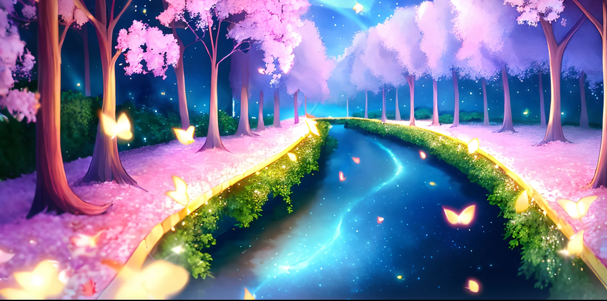 starry night with a river and purple weeping willow trees and fireflies and fairies