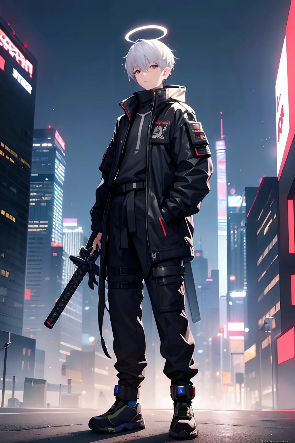 boy, Full body, head to foot, back to camera, wearing high-tech cyberpunk clothes, white halo above his head, sheathed katana at the back of his waist, hands in pocket, highres, city background, 8k, 4k, top quality, high quality, very detailed, masterpiece, wearing cyberpunk gasmask, white colored hair
No mistakes, good proportions