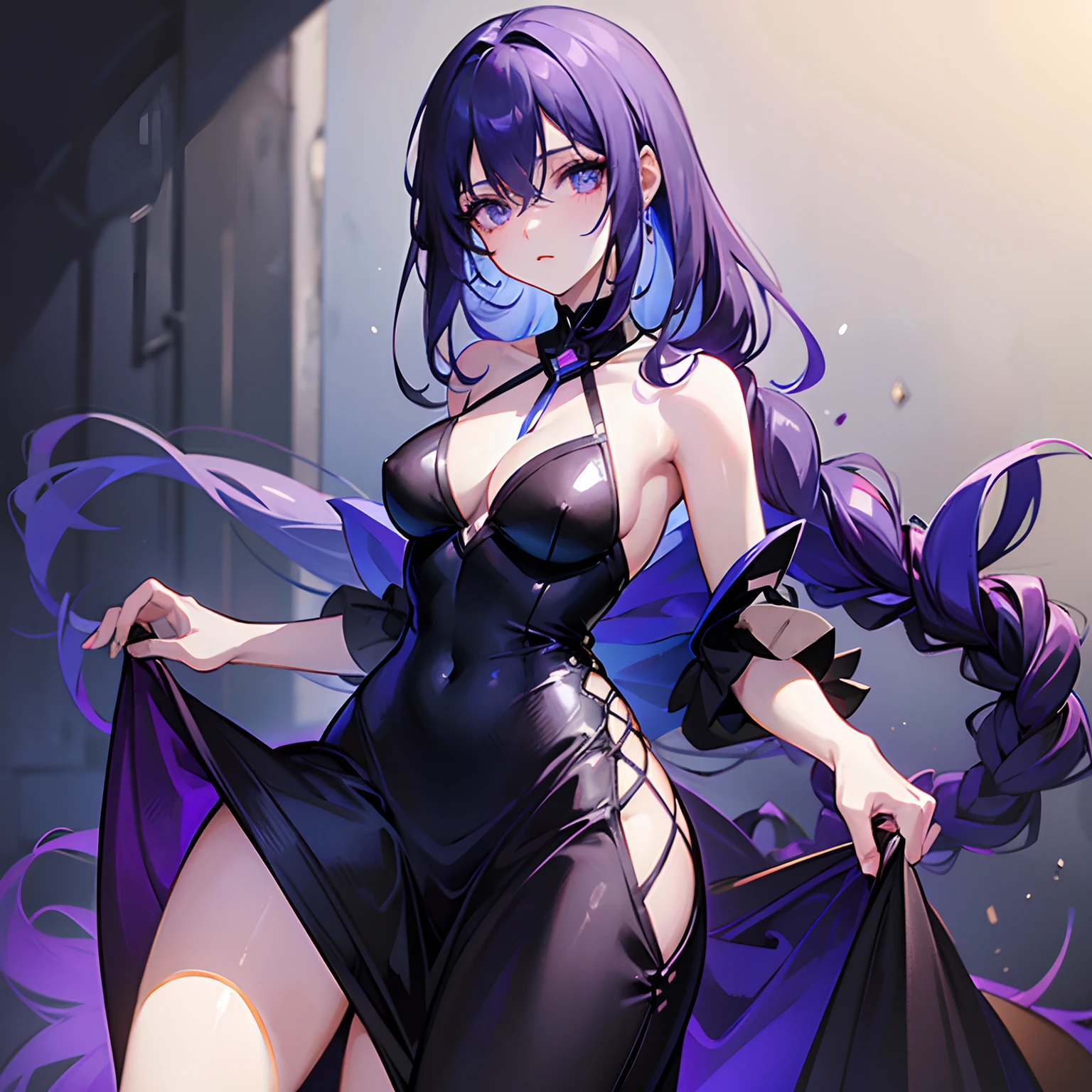 A beautiful young girl, with slender body and dressed in black turtleneck and a dark blue long skirt, have a purple pastel hair around neck length and beautiful hair braiding, dark crimson eyes with calm expression