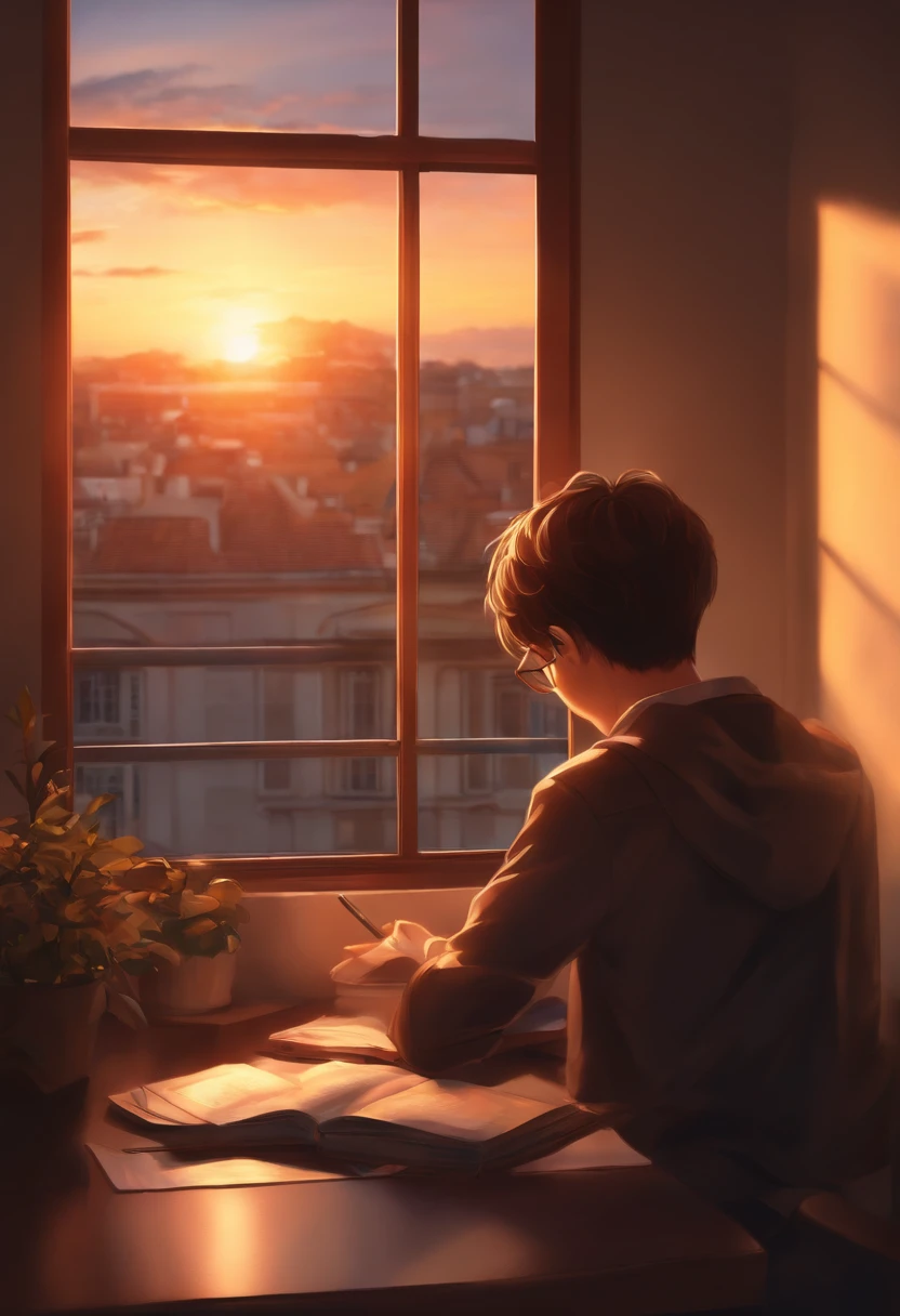 Boy studying with the sunset on the window, anime, He lives in a building.