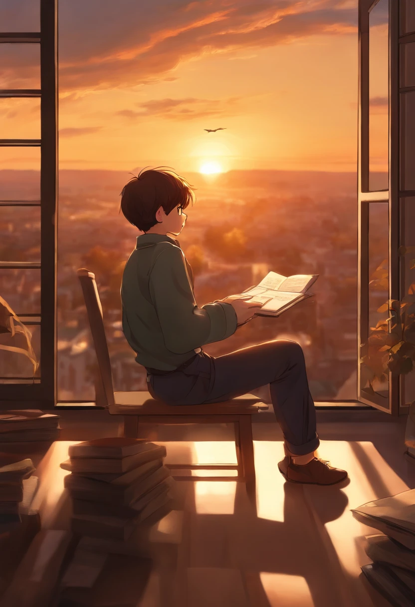 Boy studying with the sunset on the window, anime, He lives in a building.