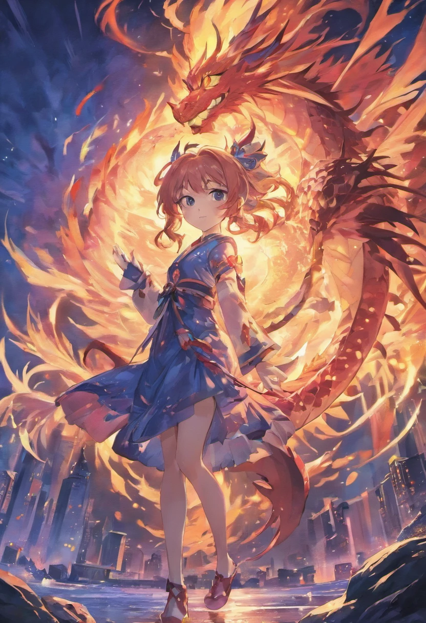 Dragon flying over burning town、large plumage、highcontrast、Girl is looking at the sky、red fullmoon、splash water、Flowing flame、detailed girl、neon color、Incandescent effect、18year old、(Yanlong、Ice Dragon;5,5)、robe blanche、Twintail、Rin々Shishi Face