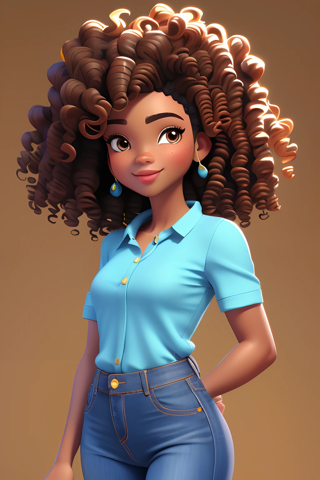 3DCHARACTER, 1 menina, mulher adulta, hazelnut eyes, cabelos pretos cacheados curtos, (((curly hair))), Black power, pele marrom, (((Brown skin))), Denim Jeans Pants, camisa branca, (corpo inteiro: 1.2), fundo simples, obra-prima, melhor qualidade, flor no cabelo, (fundo gradiente de ameixa clara: 1.1)