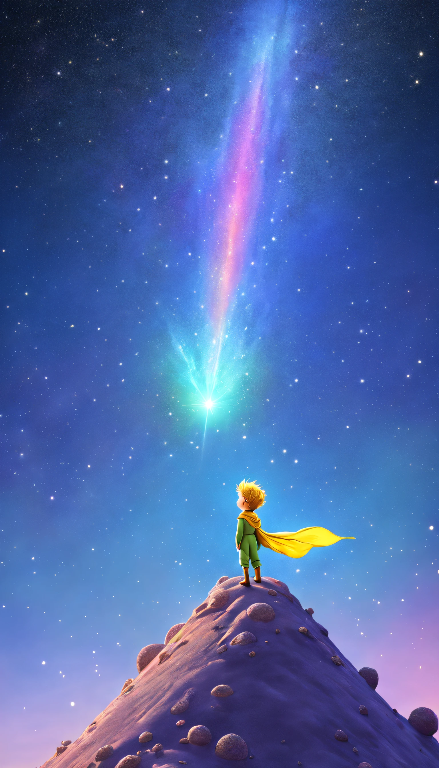 The  Prince atop a majestic, multi-hued meteor, as it soars through the starry cosmos, showering vibrant celestial dust and evoking a sense of infinite awe and wonder.