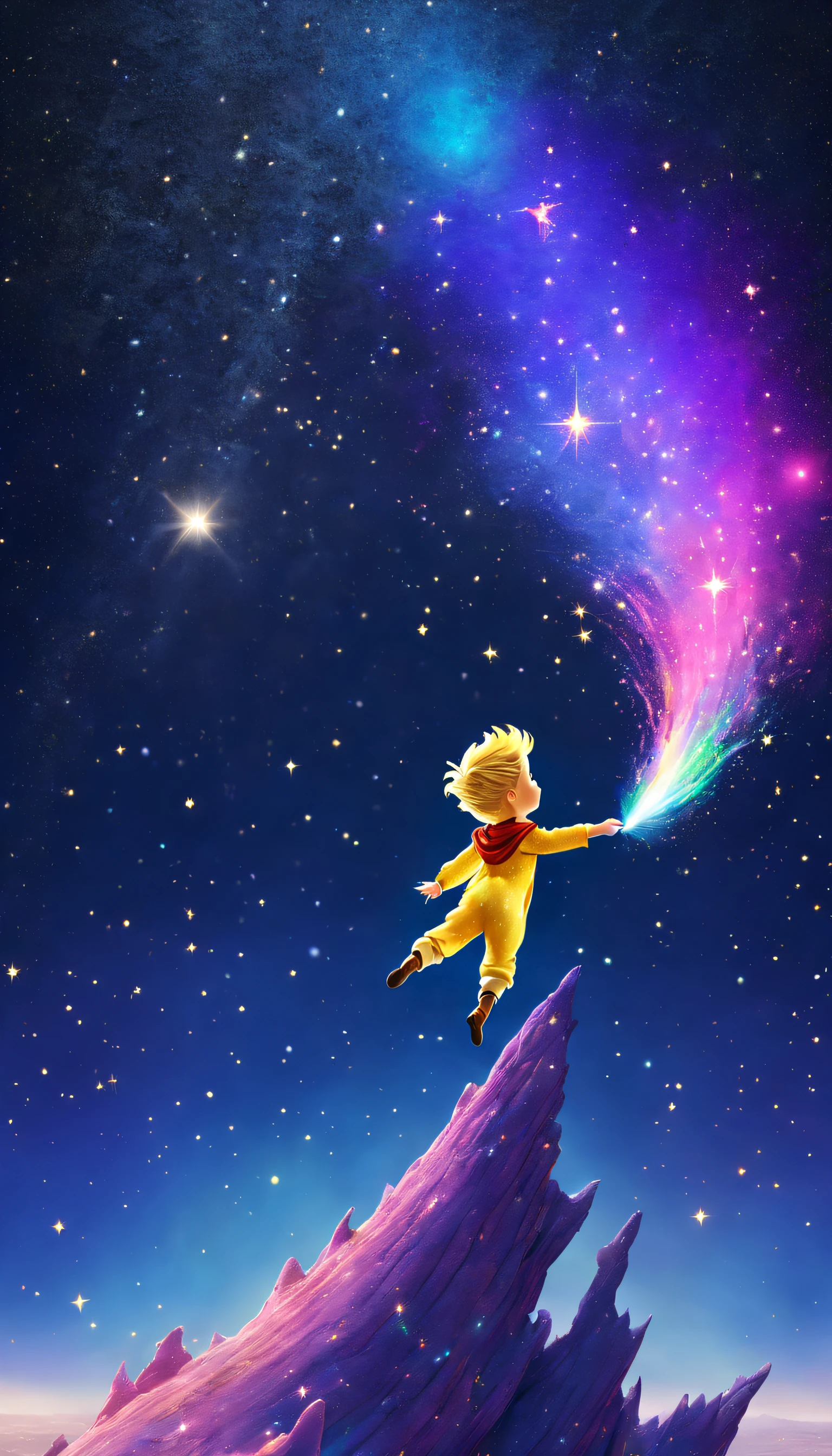 The Little Prince atop a majestic, multi-hued meteor, as it soars through the starry cosmos, showering vibrant celestial dust and evoking a sense of infinite awe and wonder.