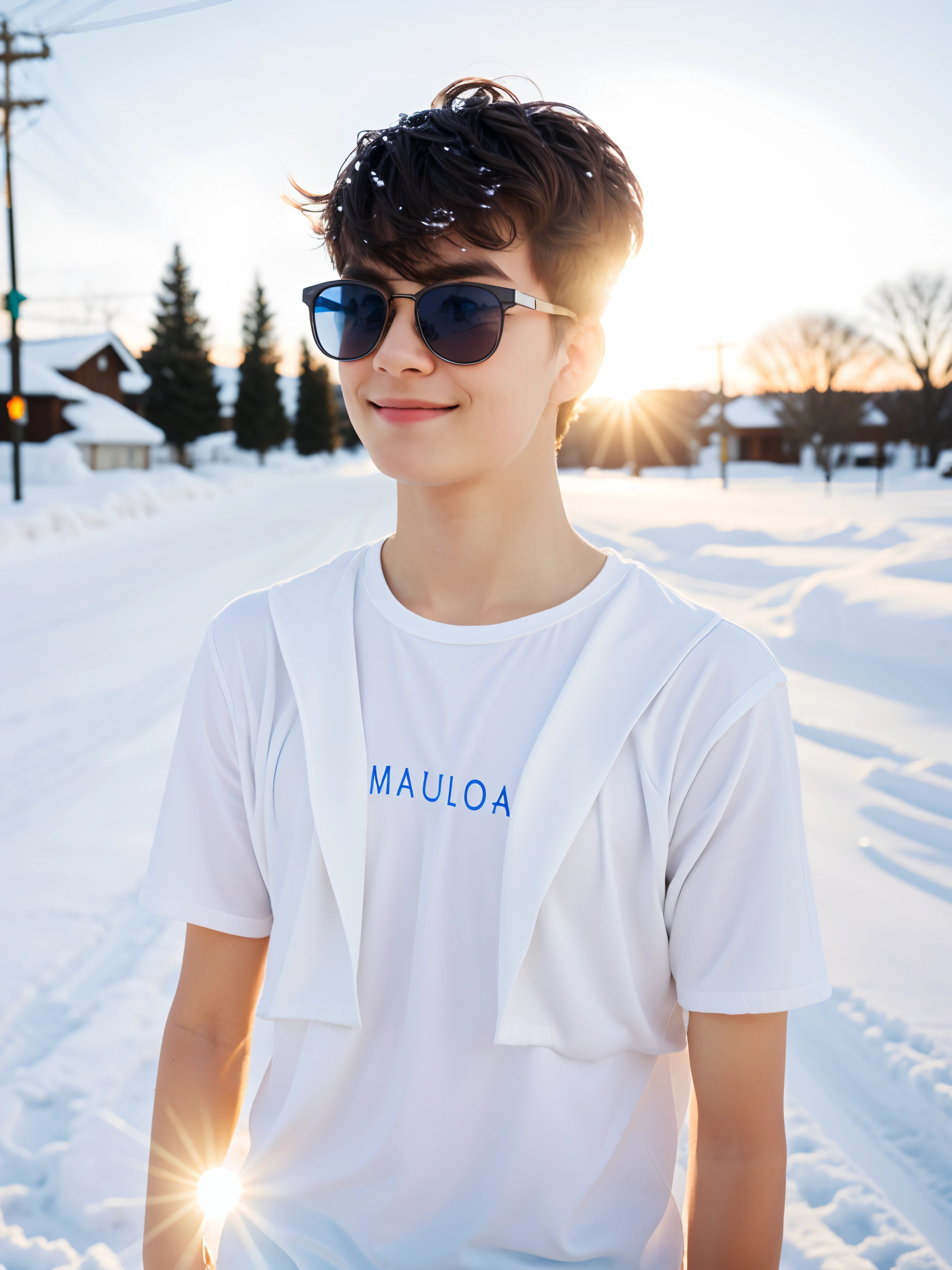 FRW, Very detailed CG Unity 8k wallpaper, a cute 15-year-old cute boy, a hunsome boy a wonderful goddess, hot maiden, , blue eyes, pale skin (a masterpiece, beautiful person, well detailed face polluted smile, photorealistic, hyperrealistic), white cold clothes, fuzzy white cap, white blouse, wearing white gloves, rubbing hands warming up in a snowy street (blue open sky), and smiling (light lighting) black sunglass,black clour dresh