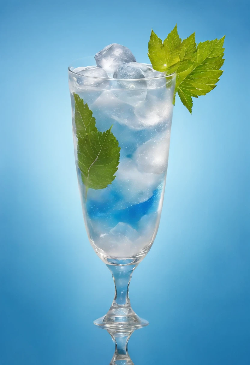 Glass of white clouds in blue sky, Very cool and fresh, Add a few leaves, Add ice cubes, In the cinematic Sudio, realistic photo shot, Best Photography Award, Studio Lighting, diffuse lighting, Super detail of shadows, Super detail in glass, Works by the world's best food photography