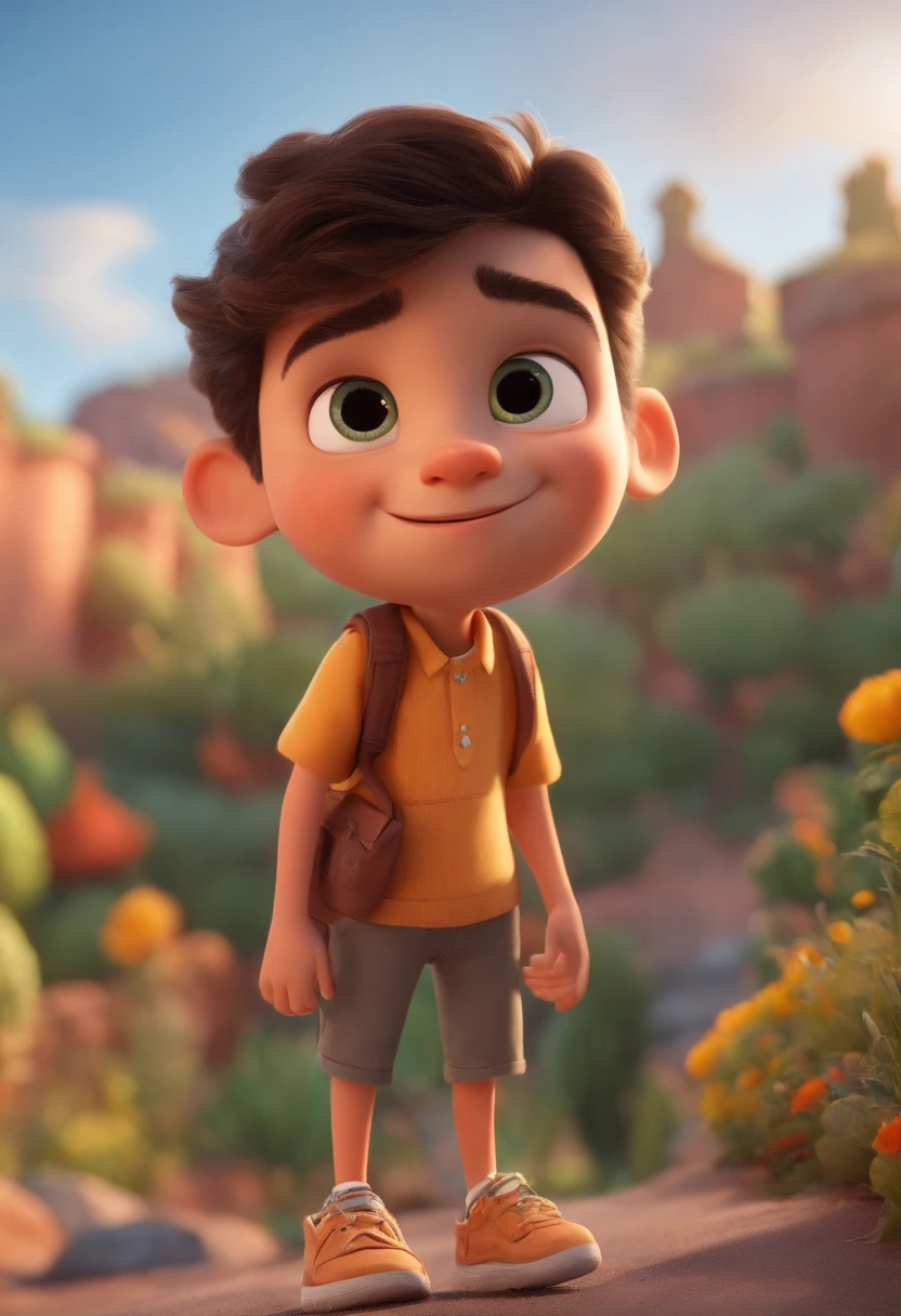 Image of a boy for a story in a YouTube video in Pixar format, He's the allabester, He's the class leader, He's outgoing, Playful and gets up for a lot of things, cabelo curto, barba no rosto, usando oculos