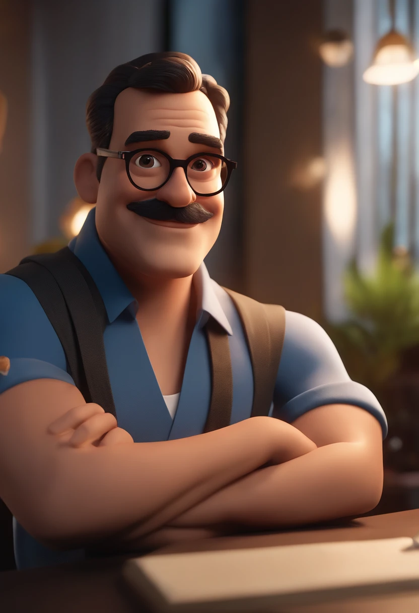 Cartoon character of a man wearing black glasses and a blue shirt, um personagem animado, Caractere estilizado, animation style rendering, 3D estilizado, Arnold Maya render, 3 d render stylized, toon render keyshot, Personagem 3D, Personagem 3D, 3d rendering stylized, 3 d character render, personagem de desenho animado, Personagem de close up, Pose de personagem, (Estilo Pixar) (master part:1.2) (Bokeh) (best quality) (pele detalhada) (textura detalhada) (8k) (argila) (Cinematic lighting) (foco nítido,Senta e vaza a parte superior do corpo