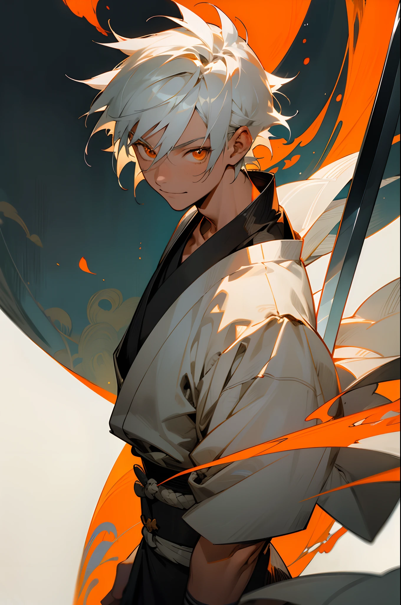 1male, young, smiling, short scruffy hair, silver hair, finely detailed orange eyes, black and white kimono, village background, walking on a path, sword on back, sheathed sword, swordsman