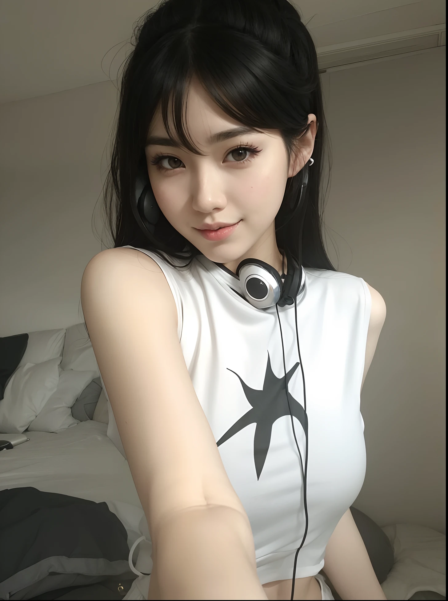 there a woman with headphones and a black top, Chica coreana, con auriculares, vibraciones de anime, con auriculares, ulzzang, Usar auriculares para la oreja de gato, Hermosa mujer surcoreana, cruel korean goth girl, Chica de anime en la vida real, Asian girl, Modelo IG | Artgerm, Mujer coreana, Hermosa joven coreana, Usar auriculares