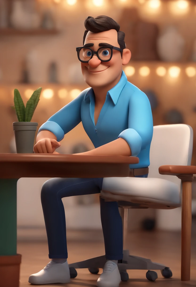 Cartoon character of a man wearing black glasses and a blue shirt, um personagem animado, Caractere estilizado, animation style rendering, 3D estilizado, Arnold Maya render, 3 d render stylized, toon render keyshot, Personagem 3D, Personagem 3D, 3d rendering stylized, 3 d character render, personagem de desenho animado, Personagem de close up, Pose de personagem, (Estilo Pixar) (master part:1.2) (Bokeh) (best quality) (pele detalhada) (textura detalhada) (8k) (argila) (Cinematic lighting) (foco nítido,Senta e vaza a parte superior do corpo