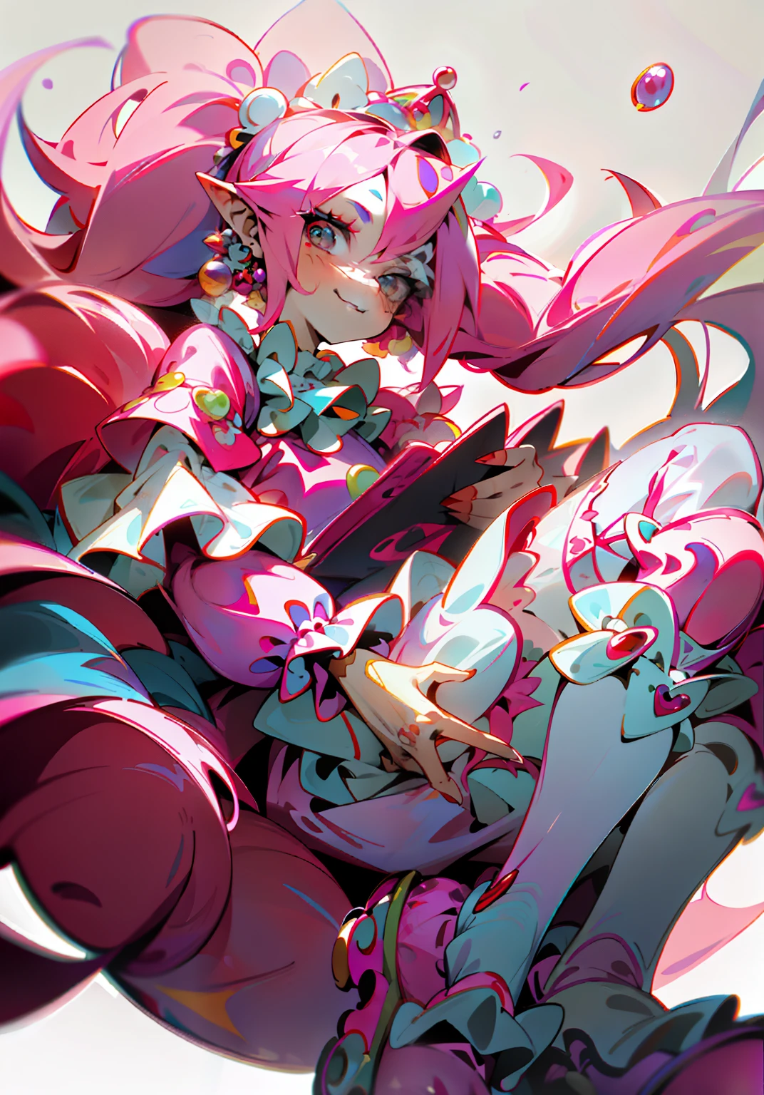 1GIRL, insane girl in long pink hair, crown, princess bubblegum style, finely detailed, (best quality), (intricate details), cute style, li, jester style, multicolored, ((long pink messiest hair in pigtails)), best quality, ((long sleeve shirt and shorts)), ((red and white clothes)), ((jester style clothes)), ((thigh high socks)), ((round eyes)), ((has jester makeup)), beautiful face, happy, cute face, pinup, perfect face, simple background portrait, clowh hear cards, bubble gums