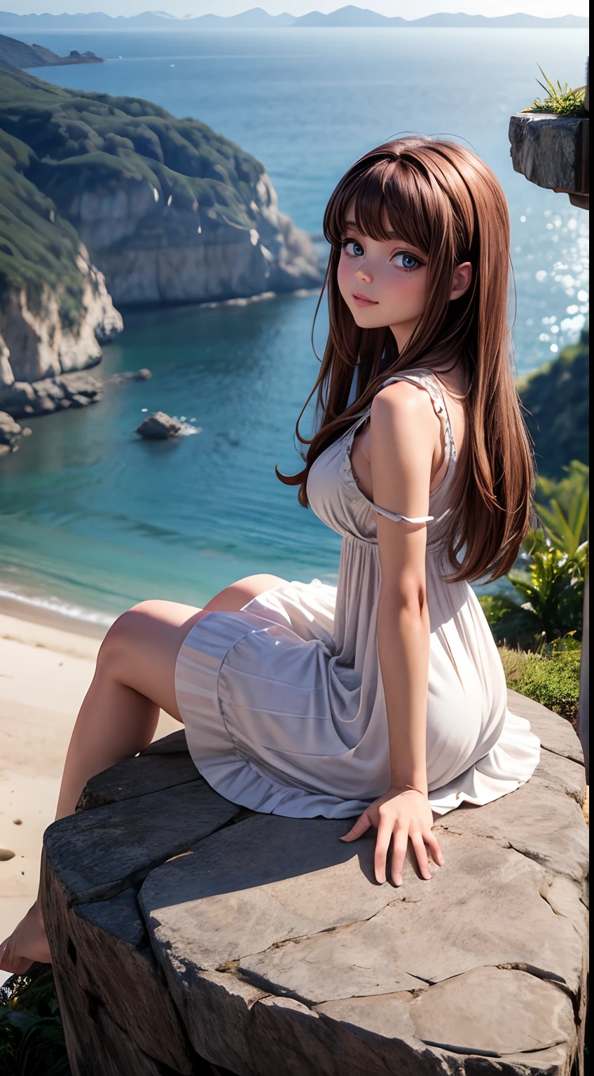 buena chica, long brown hair, sentado en una roca, Nice panoramic background, vestido blanco