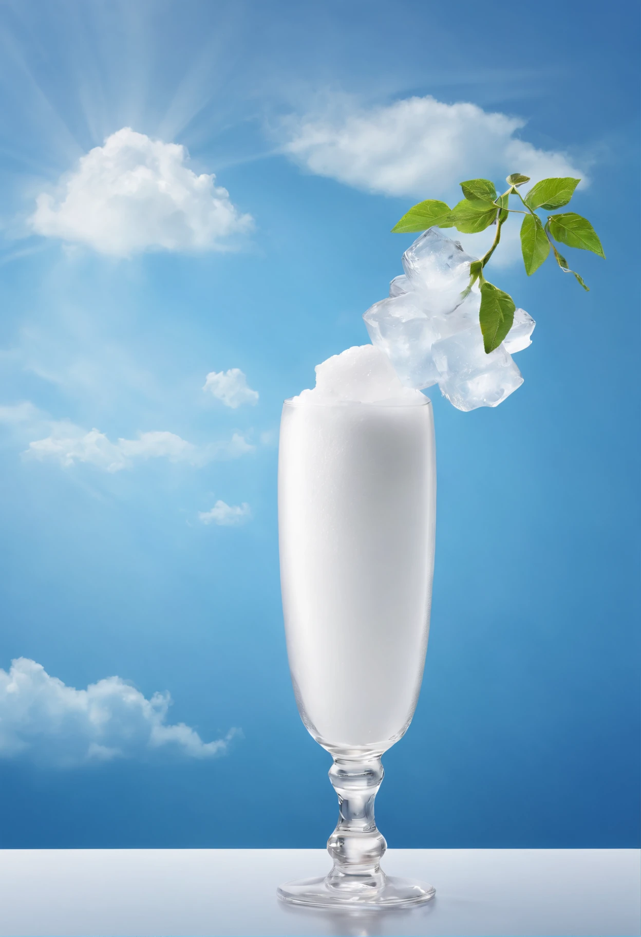 Glass of white clouds in blue sky, Very cool and fresh, Add a few leaves, Add ice cubes, In the cinematic Sudio, realistic photo shot, Best Photography Award, Studio Lighting, diffuse lighting, Super detail of shadows, Super detail in glass, Works by the world's best food photography