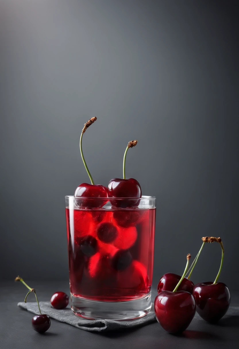 A glass of cherry juice with cherries around, Very cool and fresh, Add a few leaves, Add ice cubes, In the cinematic Sudio, realistic photo shot, Best Photography Award, Studio Lighting, diffuse lighting, Super detail of shadows, Super detail in glass, Works by the world's best food photography