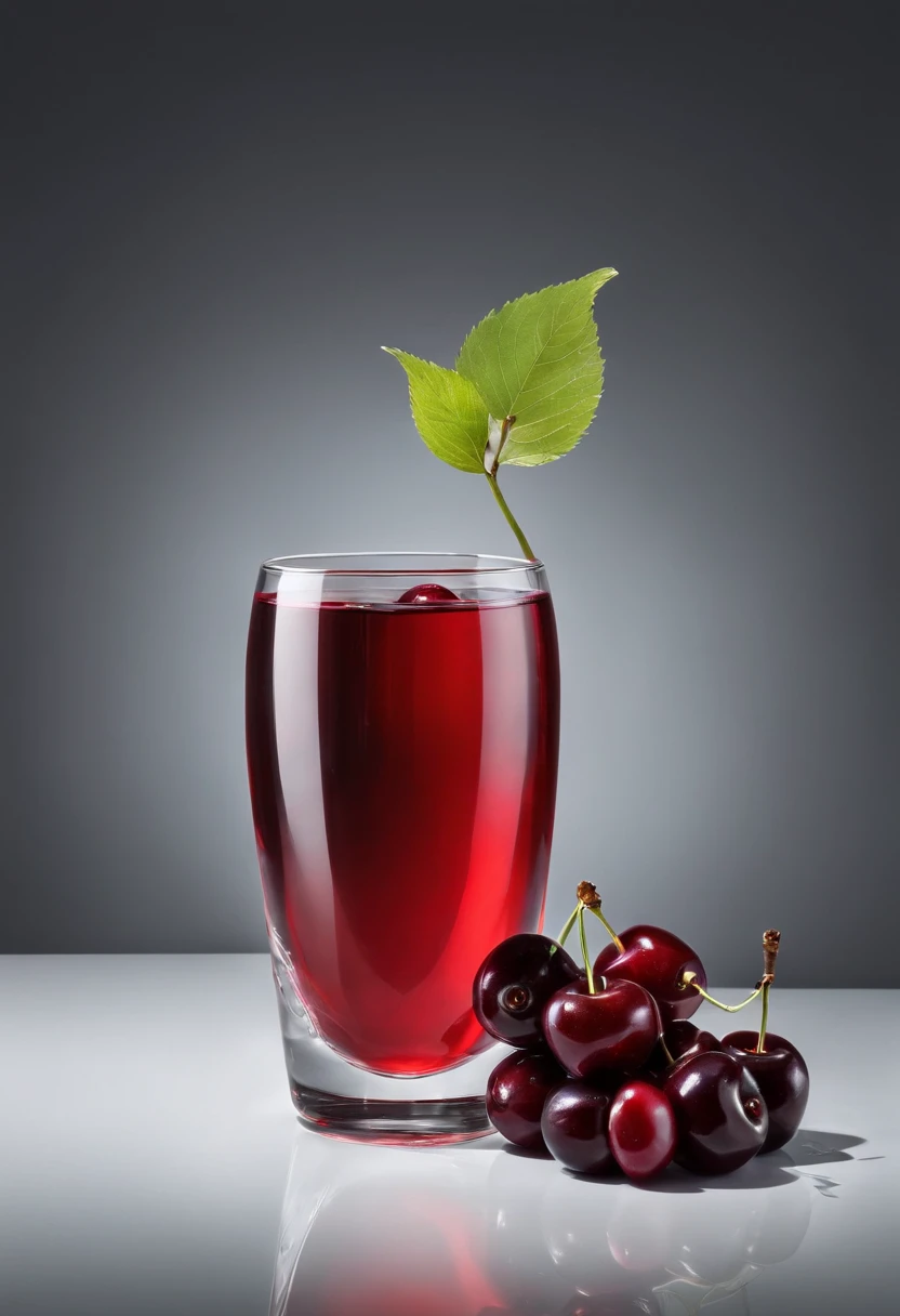 A glass of cherry juice with cherries around, Very cool and fresh, Add a few leaves, Add ice cubes, In the cinematic Sudio, realistic photo shot, Best Photography Award, Studio Lighting, diffuse lighting, Super detail of shadows, Super detail in glass, Works by the world's best food photography