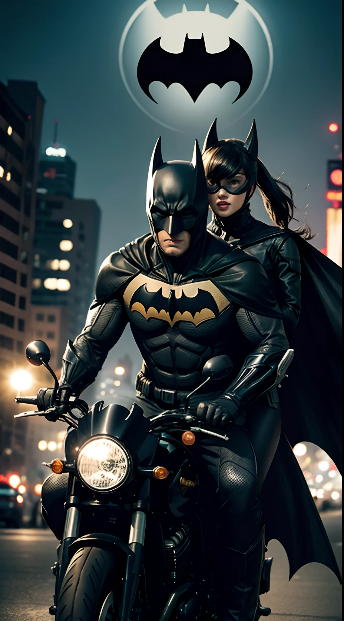 Batman riding motorbike with wife