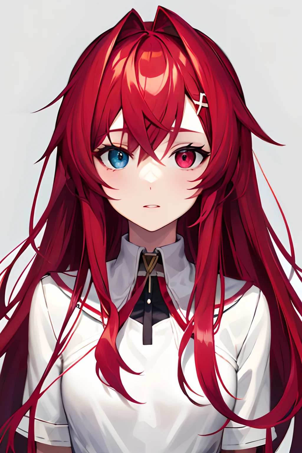 red rair, long hair, japanese high school uniform, ddange, heterochromia, white background