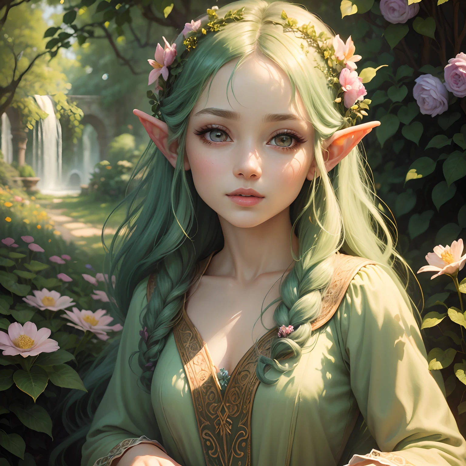 oil painting, a little elven fairy girl in a garden, beautiful detailed eyes, beautiful detailed lips, extremely detailed eyes and face, long eyelashes, flowing dress, vibrant flowers, greenery, soft sunlight, highres, ultra-detailed, realistic, portraits, warm and pastel color tones, soft and diffused lighting