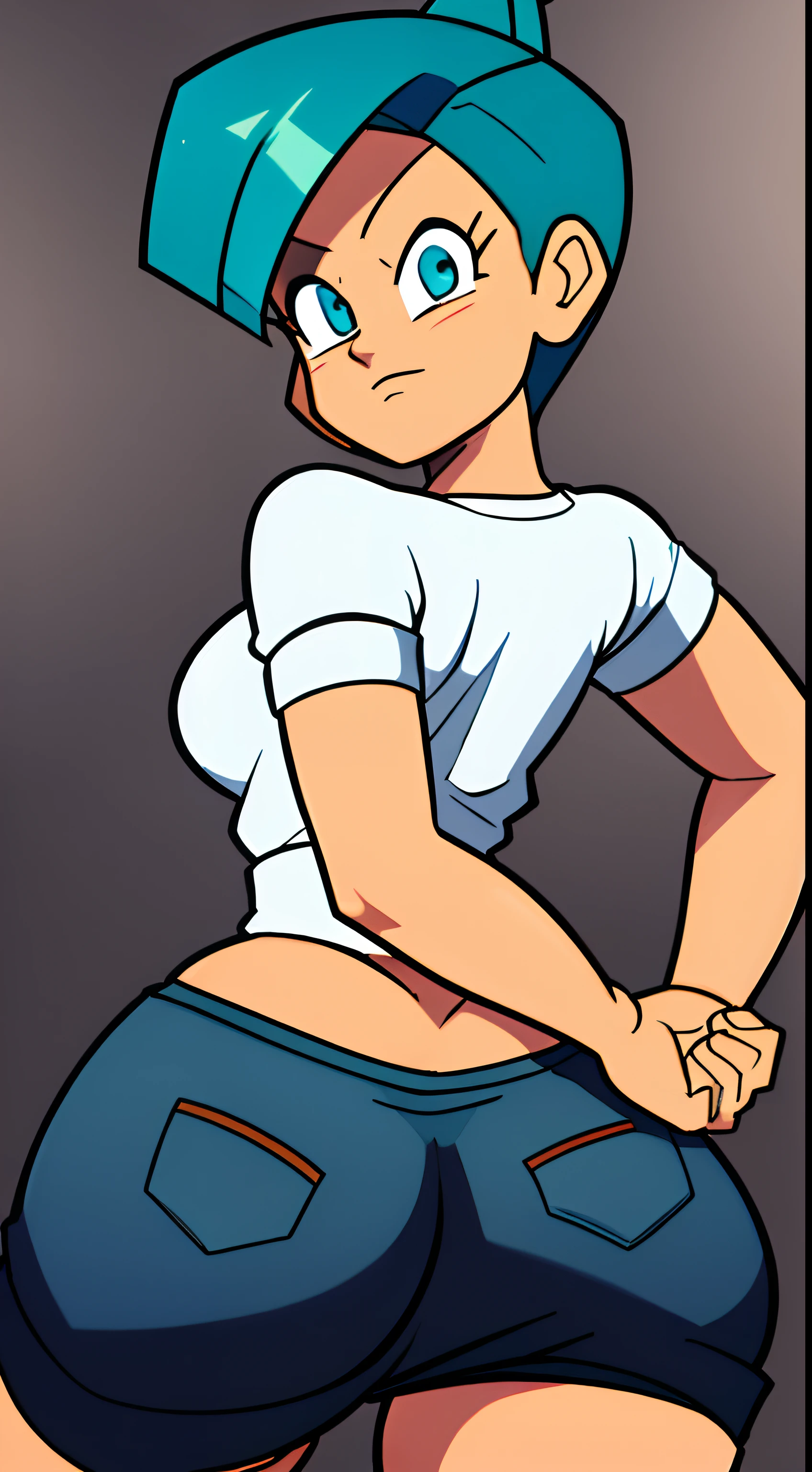 Bulma showing off her big ass, features in the style of the Dragon Ball work, big ass