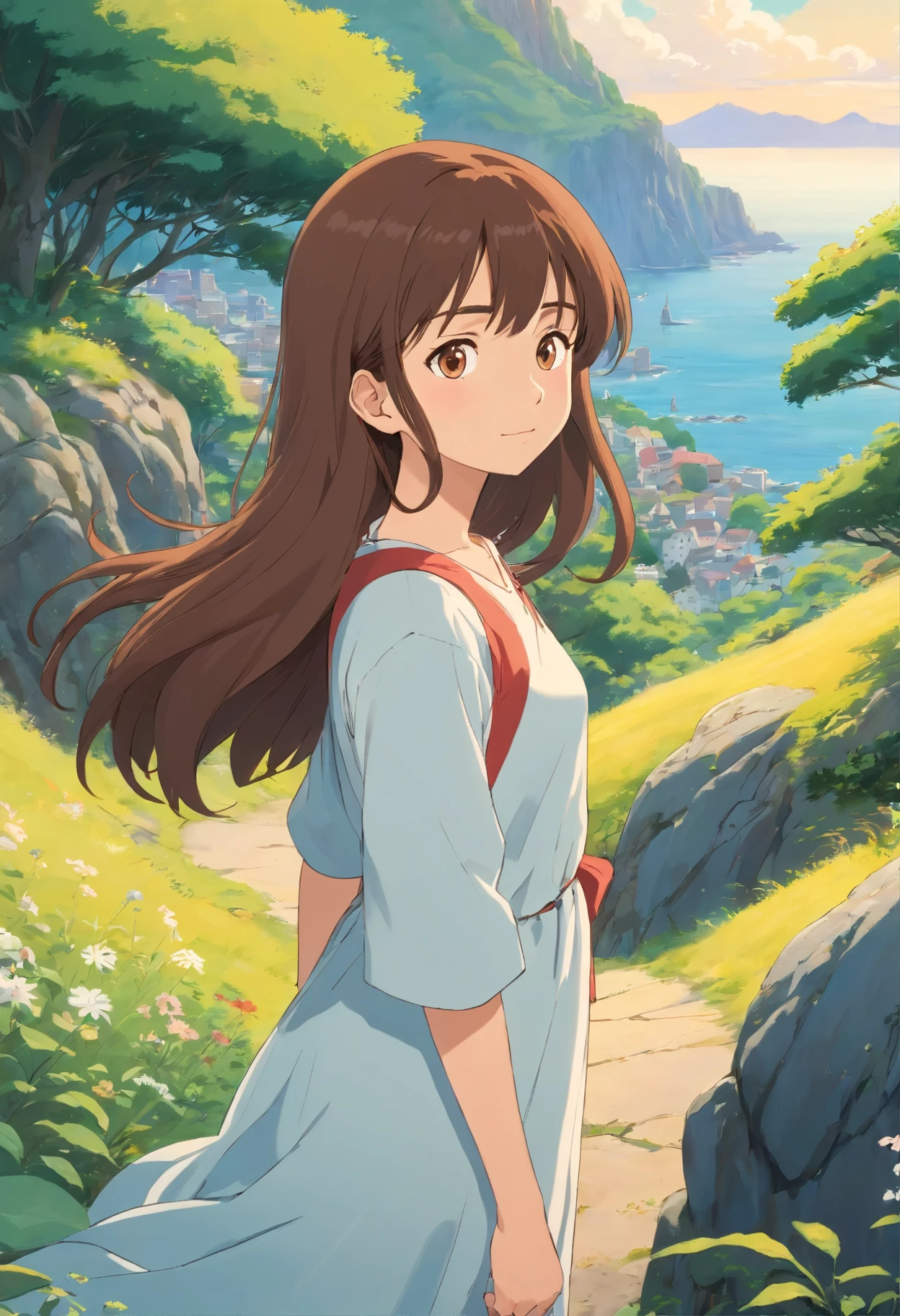 buena chica, long brown hair, sentado en una roca, Nice panoramic background, vestido blanco