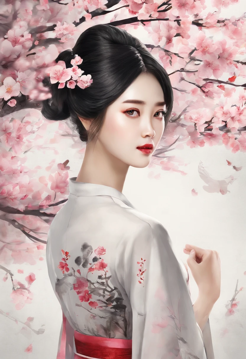 Watercolor style、digital art、Black Hair Bob、korean beautiful girl、Realistic plum blossom