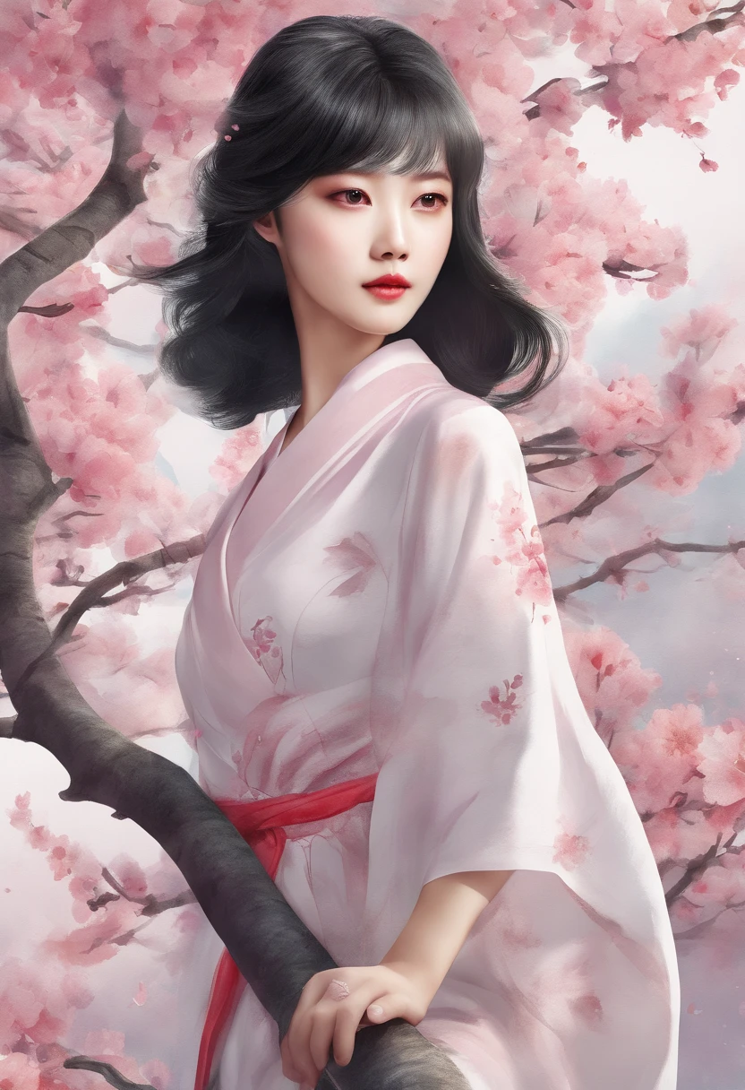 Watercolor style、digital art、Black Hair Bob、korean beautiful girl、Realistic plum blossom