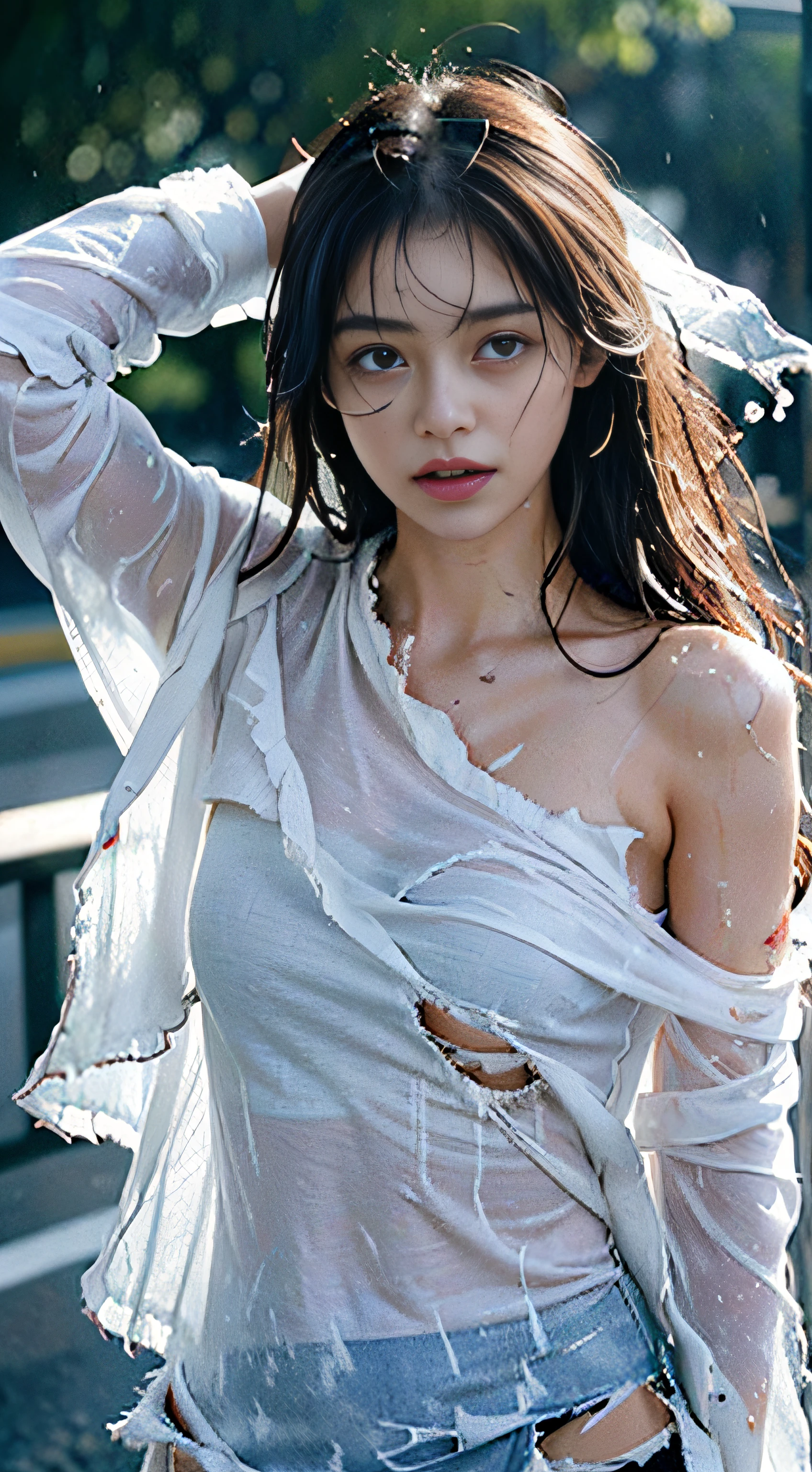 The highest image quality、​masterpiece、超A high resolution、(fidelity:1.4)、a picture、1 girl in、、white  shirt、film like、Tears、Tears、(ripped clothing:1.5)、(Wet clothes:1.4)、bare shoulders​、Real rain、wetting hair,