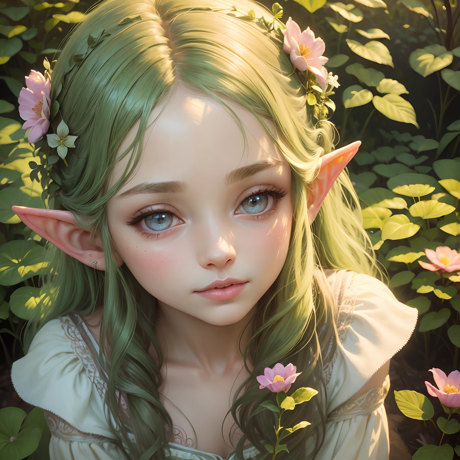 oil painting, a little elven fairy girl in a garden, beautiful detailed eyes, beautiful detailed lips, extremely detailed eyes and face, long eyelashes, flowing dress, vibrant flowers, greenery, soft sunlight, highres, ultra-detailed, realistic, portraits, warm and pastel color tones, soft and diffused lighting