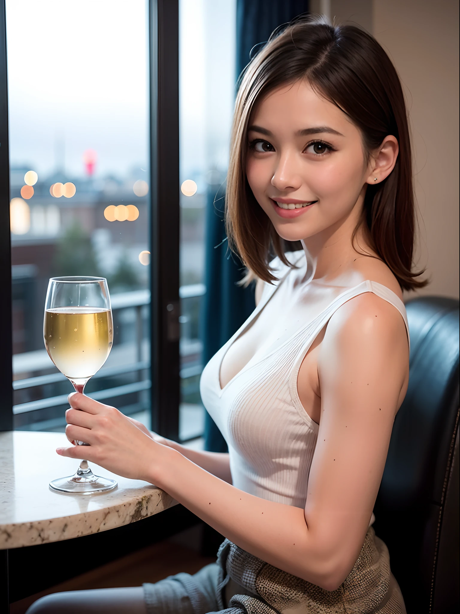 (64K, UHD, top quality, masterpiece: 1.2), (realistic, photorealistic: 1.37), super detailed, pretty woman 1, (slim face), (slim body), (brown hair), (short cut), cheeks slightly blushing, (40 years old), 38 years old, solo, beautiful detailed urban night view outside the window, restaurant, wine glass sitting, at night, in a prominent place (from the waist up) NovaFrogStyle, Actress, Model, Waist Up, White Wine, Slim, Wine Glass, Super Clean Night View, Wine Glass Put in the Middle, Happy Smile, (Smile: 1.15), Beautiful Fine Eyes, Upper Body, Bust Japan Up, Night, Short, Short, Actress, Model, Waist Up, White Wine, Slim, Wine Glass, Super Clean Night View, Wine Glass Put in the Middle, Happy Smile,