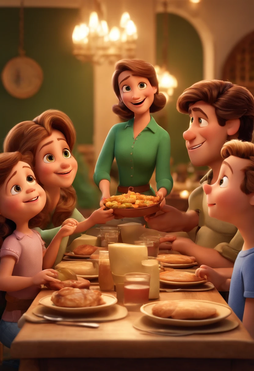 A Disney Pixar movie poster showing a family sitting at a table together, Happy family, Family photo, family dinner, The father is bald and has a beard. The mother has green eyes and brown hair. Uma tem 10 anos e cabelos castanhos. A outra menina anos e cabelos castanhos. The background is a restaurant. 3D-rendering.