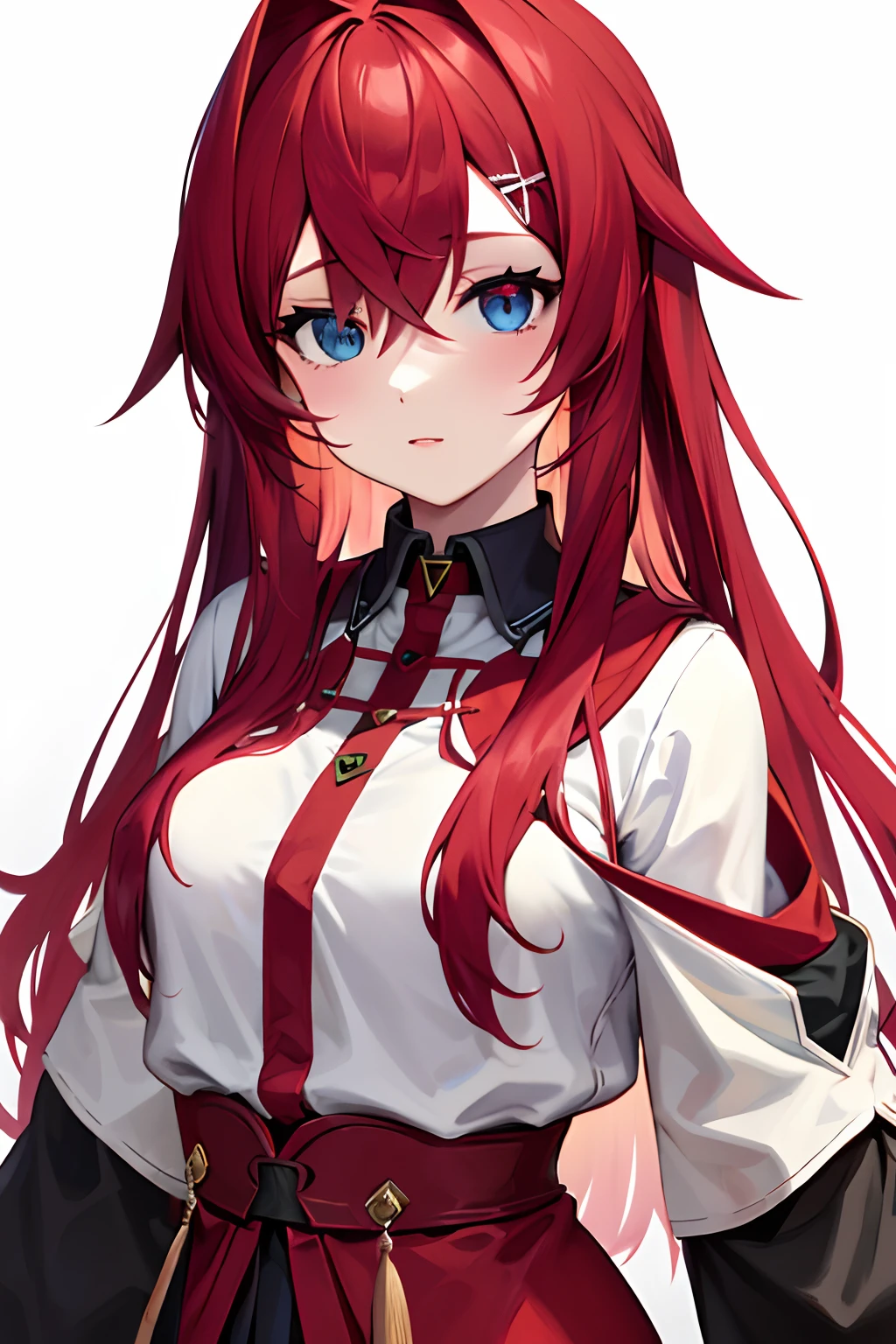 red rair, long hair, japanese high school uniform, ddange, heterochromia, white background