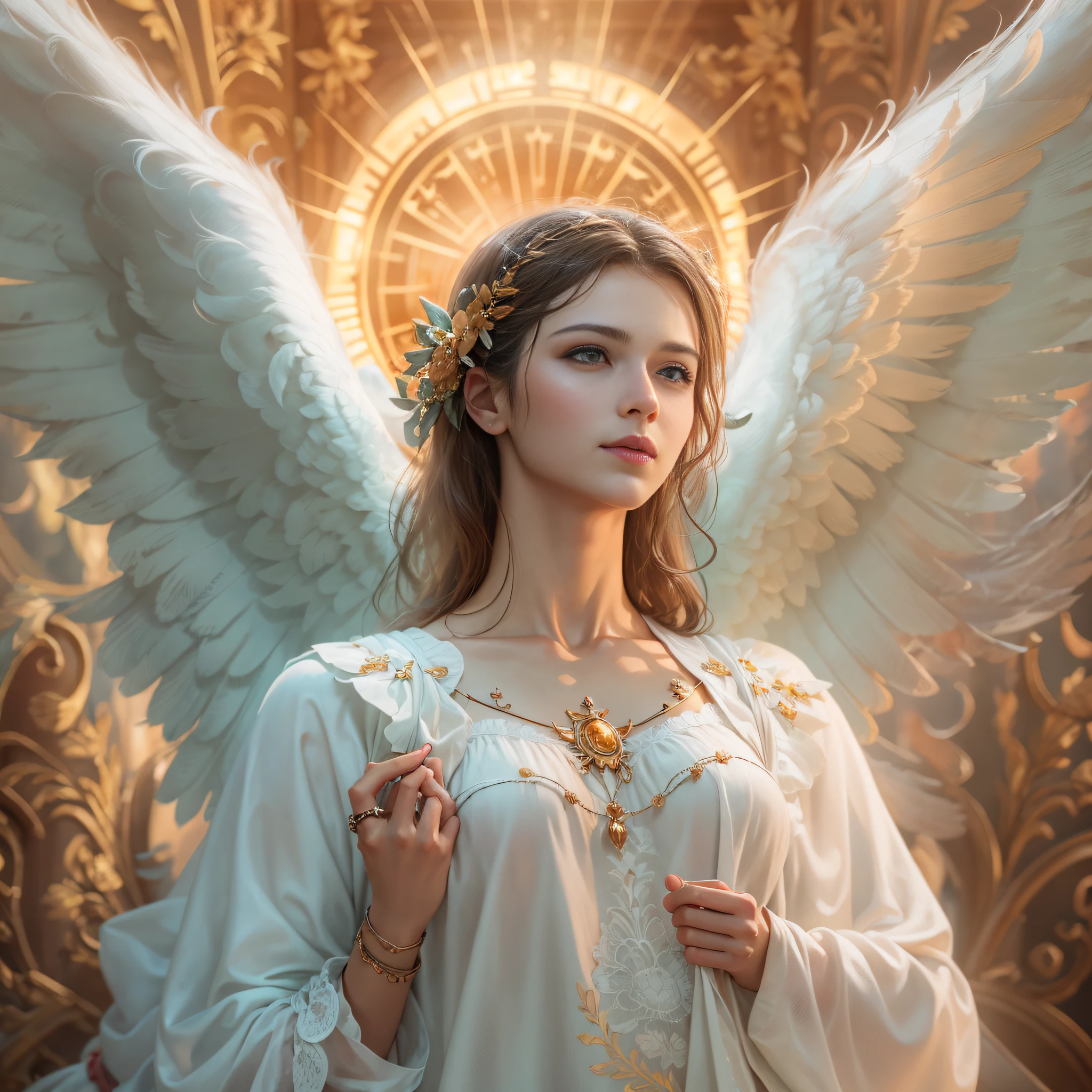 masterpiece, top quality, 8K, real person, realistic, very dense CG, shiny skin, fully focused, heaven, divine glory, radiant, angel, blessing, happiness,