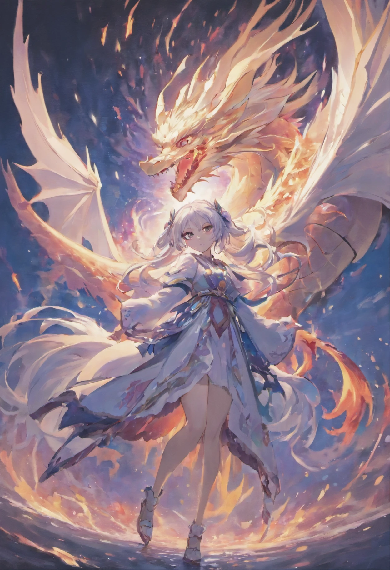 Dragon flying over burning town、large plumage、highcontrast、Girl is looking at the sky、red fullmoon、splash water､Flowing flame、detailed girl、neon color､Incandescent effect､18year old、(Yanlong、Ice Dragon;3,7)、(((robe blanche､Twintail、Rin々Shishi Face、With long silver hair)))
