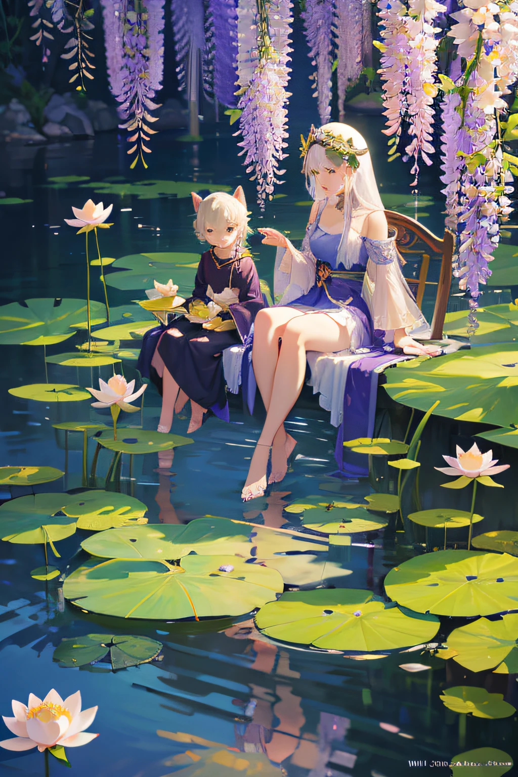 Wisteria flowers hang on the water,There are lotus leaves and lotus flowers on the surface of the water,Superior color,scenecy,Light